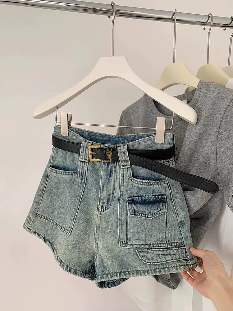 Quần short denim nữ cho mùa hè, kiểu dáng mỏng, cỡ lớn, được thiết kế dành cho phụ nữ có đường cong, lưng cao, dáng rộng, che hông, giảm béo, quần ống rộng chữ A.