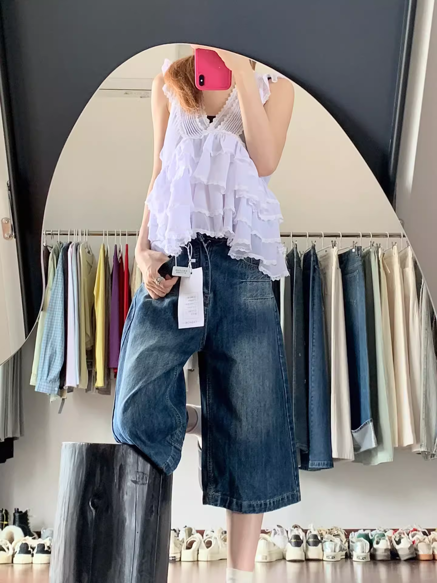 Quần short denim kiểu Mỹ dành cho nữ, mùa hè 2025, size lớn, cạp cao, dáng rộng, tôn dáng, quần short ống thẳng, quần dài rộng ống giữa