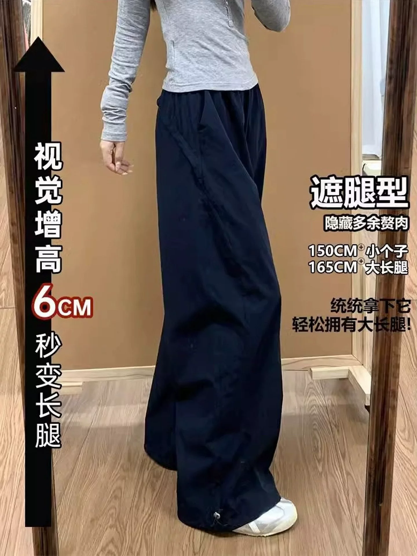 Quần cargo nhanh khô màu xanh hải quân dành cho nữ, cỡ lớn mùa hè, phong cách đầu thu, cạp cao, tôn dáng, quần ống rộng thường ngày dành cho người nhỏ nhắn.