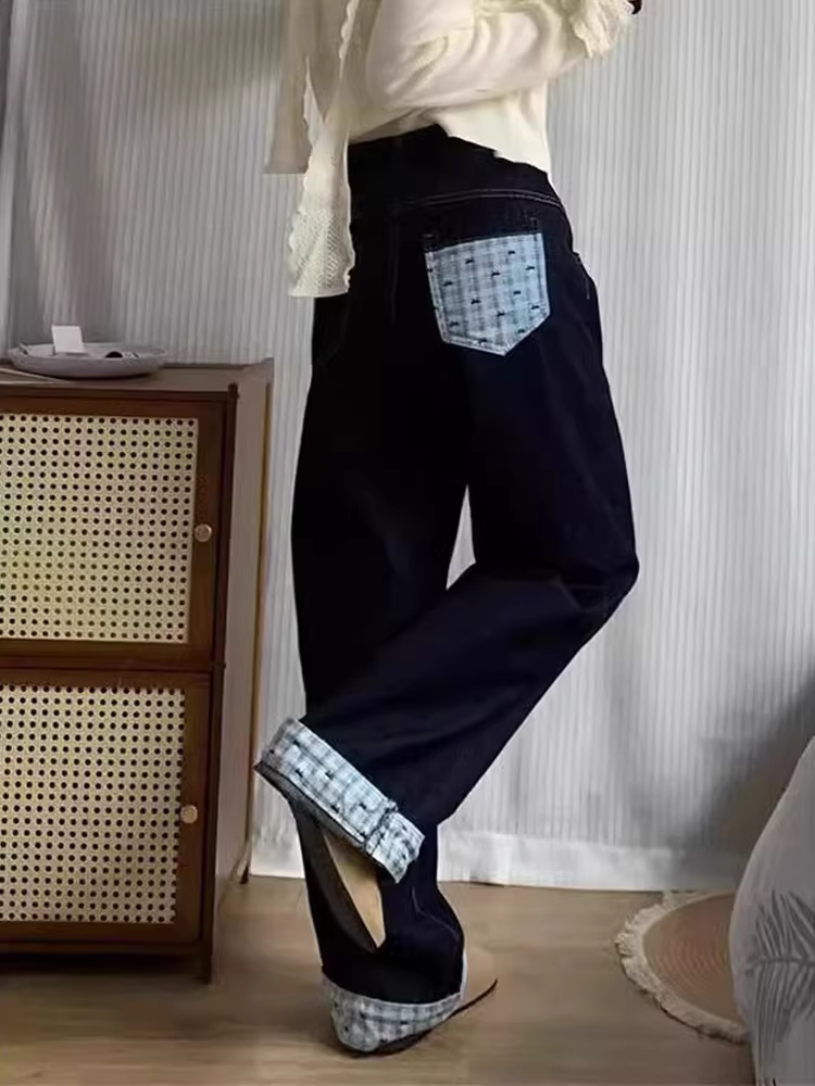 Quần jean ống đứng cho nữ, mùa xuân, cỡ lớn, lưng cao, dáng rộng, giảm béo, dáng quả lê, chắp vá kẻ sọc, quần ống rộng