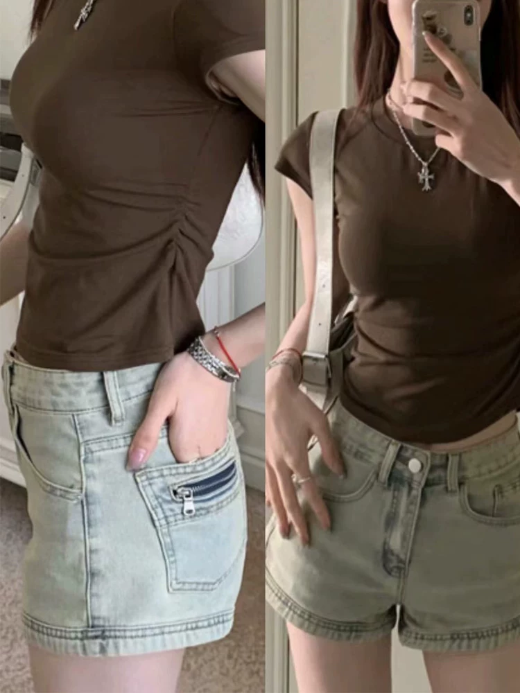 Quần short denim cổ điển kiểu Mỹ dành cho nữ, dáng quả lê mùa hè, cỡ lớn, lưng cao, dáng rộng, che hông, quần chữ A giảm béo