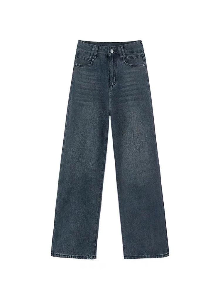 Quần jeans ống đứng màu xanh xám retro Mỹ dành cho nữ, kiểu mới thu đông 2024, quần ống rộng lưng cao dáng rộng tôn dáng, size lớn