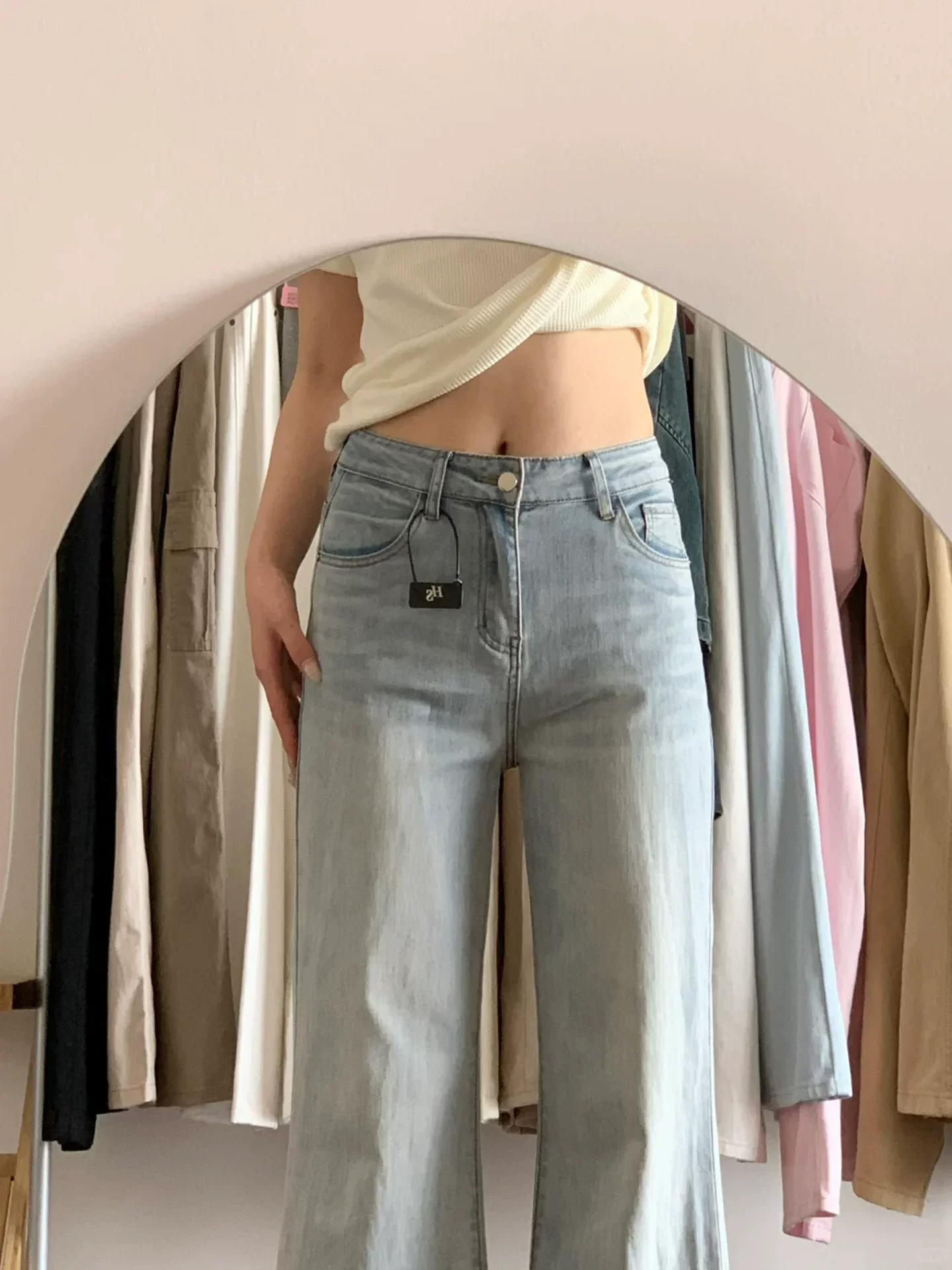 Quần jean xòe màu xanh nhạt dành cho nữ, kiểu dáng mỏng mùa hè, cỡ lớn, lưng cao, co giãn, tôn dáng, không bó sát, quần ống chuông