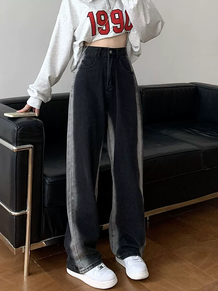 Thân hình quả lê, hông và đùi dày, quần jean giảm béo cho nữ, mặc đầu thu, cỡ lớn, dáng rộng, quần ống rộng dáng thẳng giảm béo