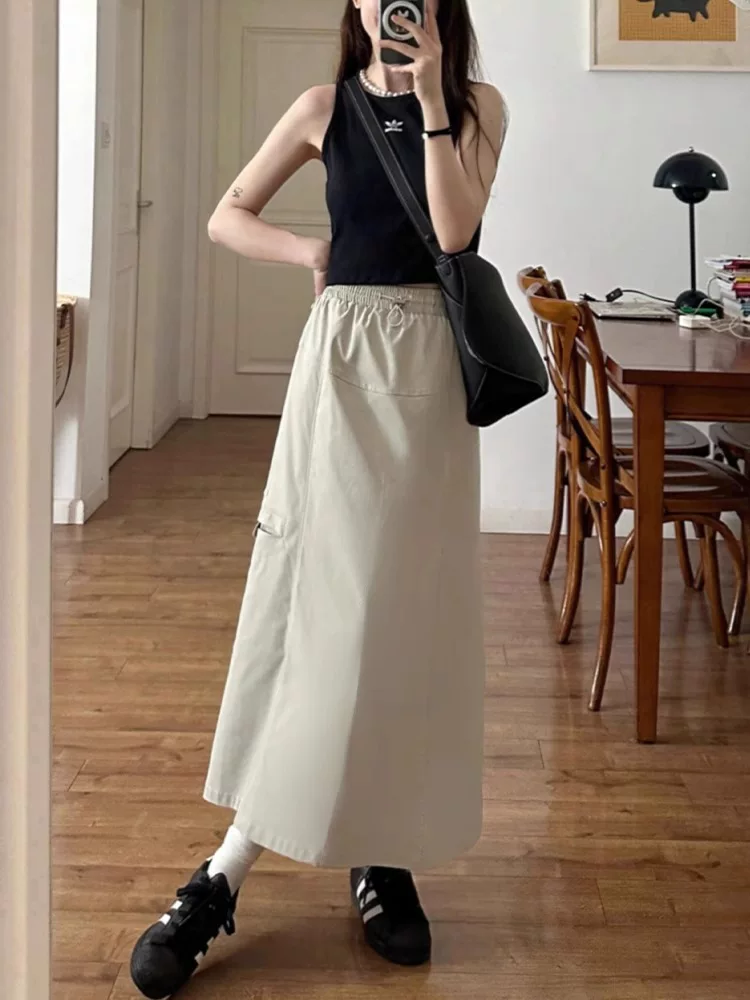 Váy công sở thông thường của Mỹ dành cho nữ, kiểu dáng mỏng mùa hè, cỡ lớn, lưng cao, che hông, giảm béo, váy chữ A dài vừa phải.