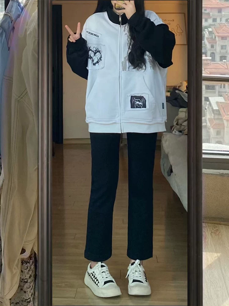 Quần jean ống đứng lưng cao dành cho nữ, kiểu dáng mùa thu mới, cỡ lớn, dáng rộng, tôn dáng, dành cho người có thân hình quả lê, người nhỏ nhắn, quần lửng.