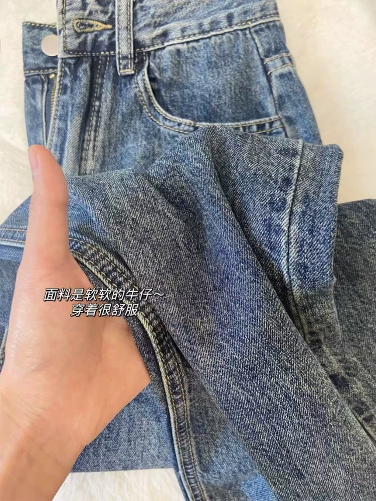 Quần jeans ống đứng dáng quả lê cho nữ xuân 2025, size lớn, cạp cao, rộng rãi, tôn dáng, ống rộng