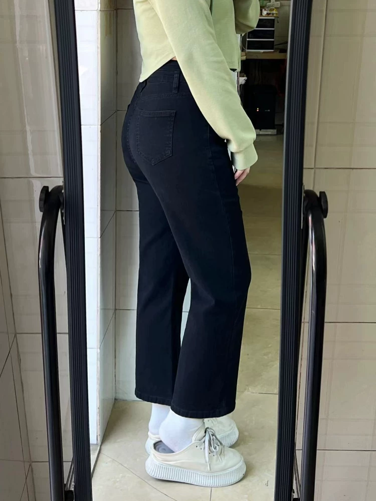 Quần jean ống đứng cho nữ, đầu thu, cỡ lớn, lưng cao, co giãn, che hông, giảm béo, dáng quả lê, quần thuốc lá ngắn