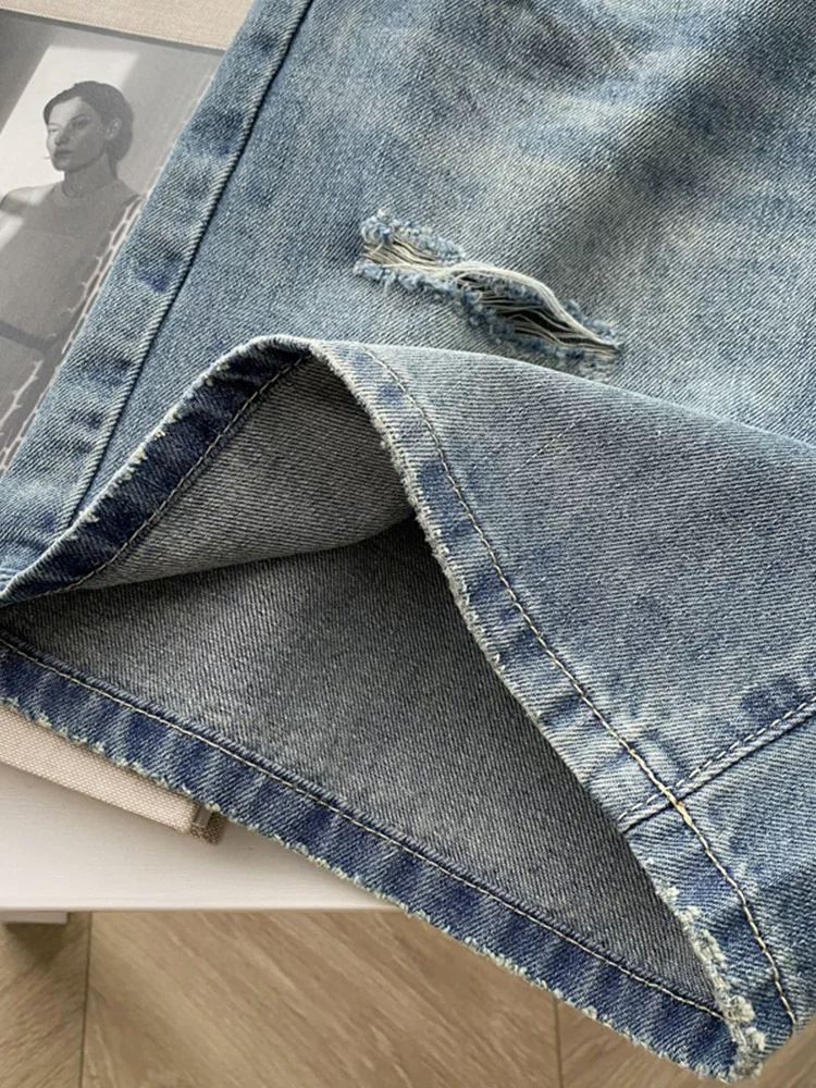 Quần short denim rách dáng quả lê dành cho nữ, size lớn mùa hè, dáng nhỏ nhắn, lưng cao, rộng rãi, tôn dáng, quần ống rộng năm phần