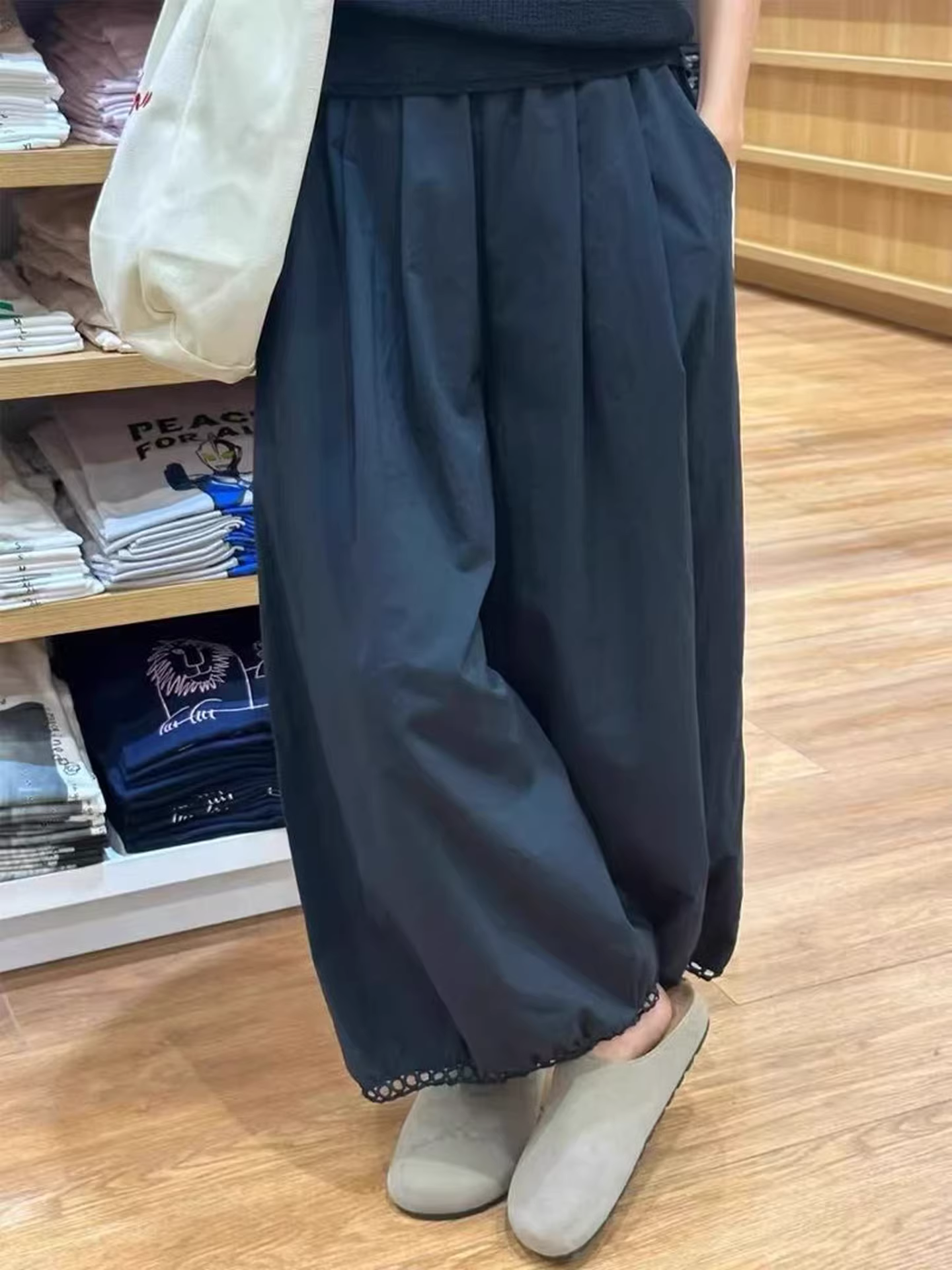 Quần đèn lồng kiểu Nhật dành cho nữ, mùa hè mỏng, cỡ lớn, cỡ lớn, lưng cao, dáng rộng, quần bóng bay chín điểm, quần ống rộng thông thường