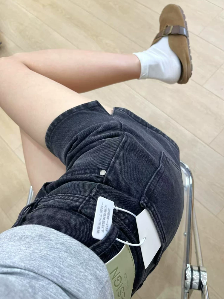 Quần short denim dáng chữ A lưng cao hình quả lê dành cho nữ, kiểu dáng mỏng mùa hè, cỡ lớn, lưng cao, che hông, giảm béo, quần ống rộng