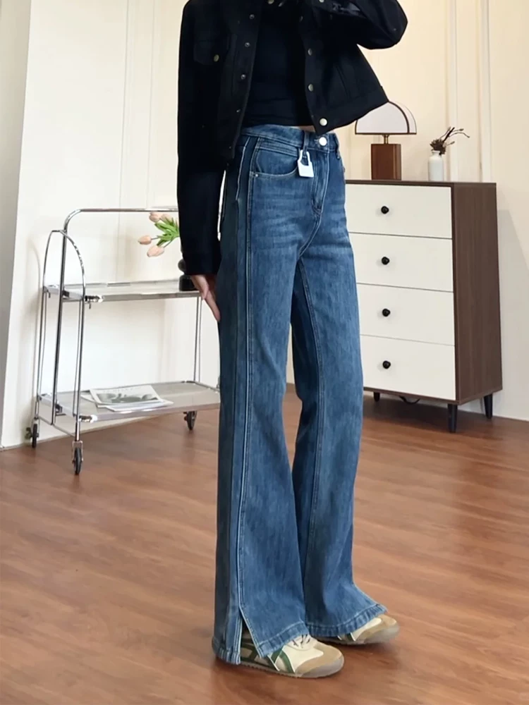 Quần jean ống loe nữ, kiểu thu đông, size lớn, cạp cao, co giãn, tôn dáng, lót lông cừu, dày dặn.