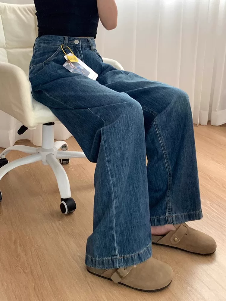 Quần jeans nữ ống đứng màu xanh cổ điển, kiểu mới thu đông 2024, size lớn, cạp cao, dáng rộng, tôn dáng, ống rộng, dài chạm sàn.