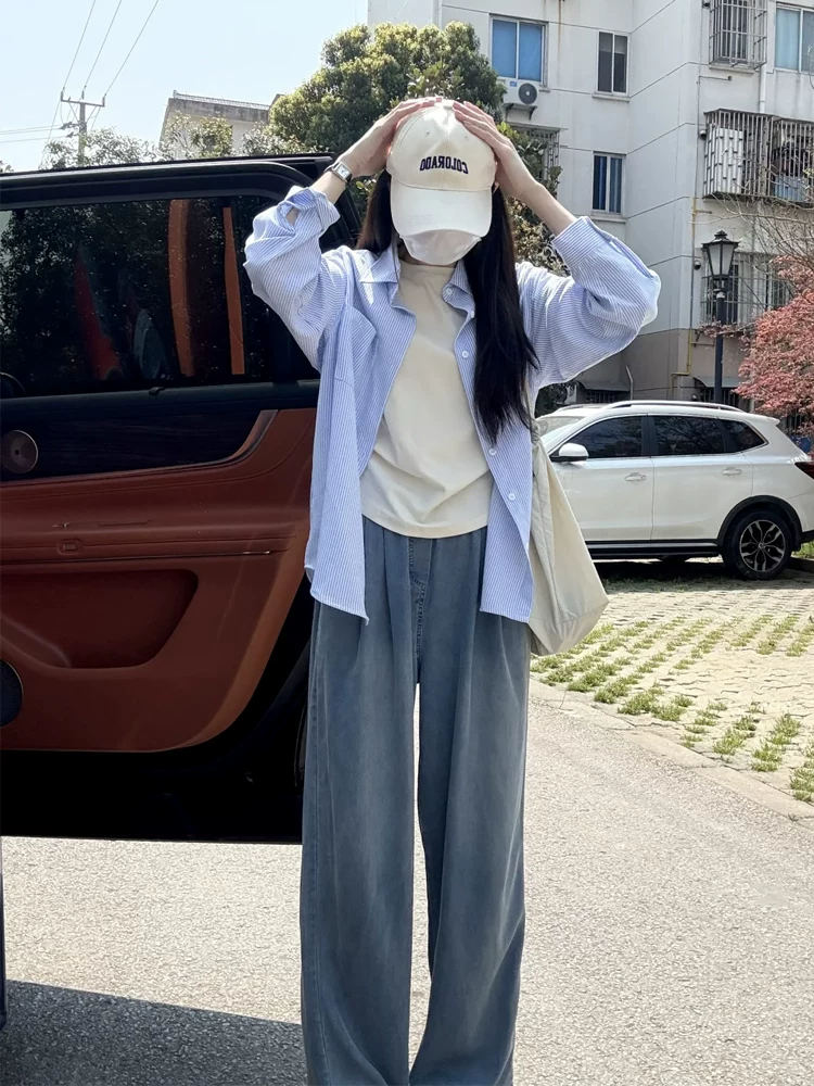 Quần jean ống đứng Tencel dành cho nữ, cỡ lớn mùa hè, lưng cao, dáng rộng, thon gọn, dáng quả lê, quần ống rộng bằng vải lụa băng