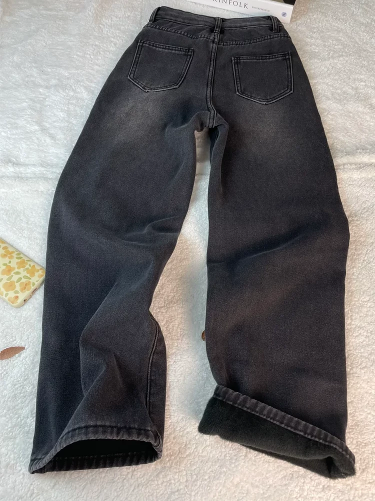 Quần jean ống thẳng dày lót lông cừu dành cho nữ, phong cách thu đông, cỡ lớn, lưng cao, dáng rộng, tôn dáng, dáng quả lê, quần ống rộng.