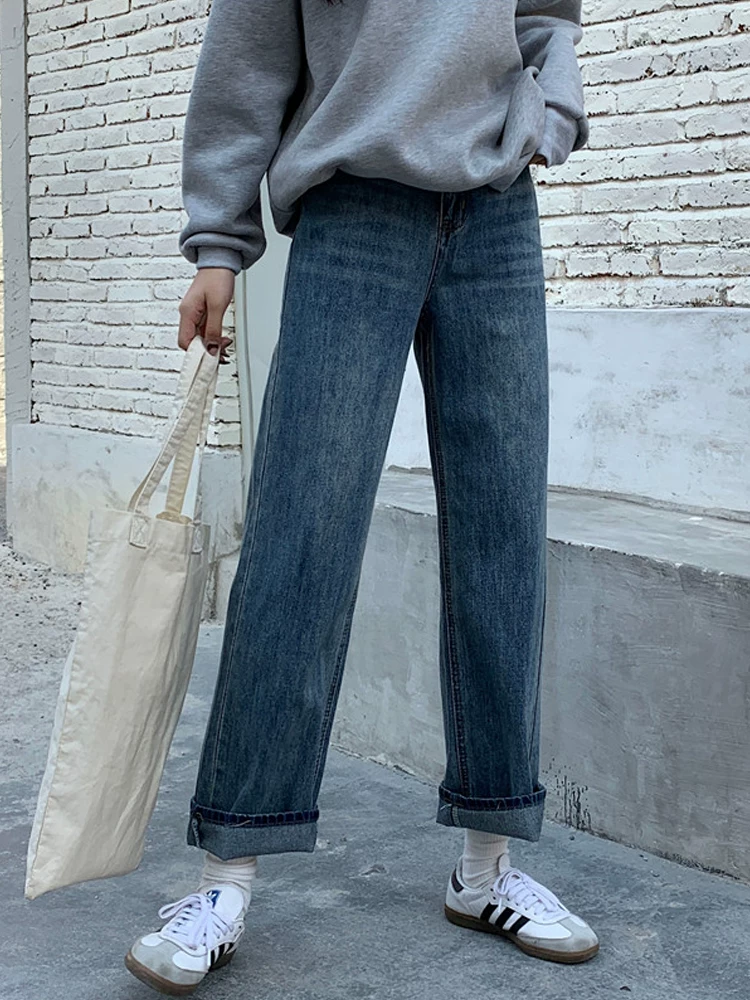Quần jean ống thẳng dáng quả lê dành cho nữ, mặc đầu thu, cỡ lớn, kiểu dáng hơi mũm mĩm, lưng cao, dáng rộng, dáng thon gọn, quần lửng, hợp thời trang.