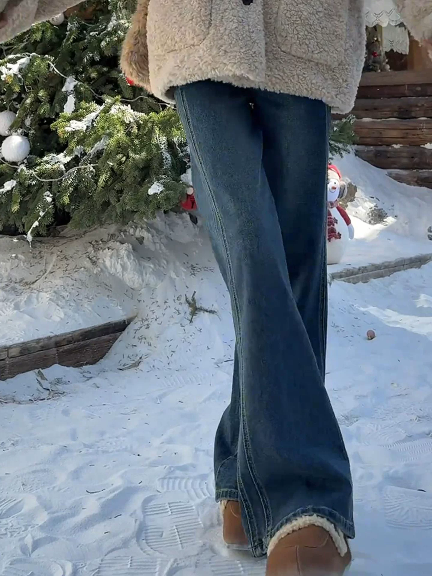 Quần jean ống rộng lót lông màu xanh cổ điển dành cho nữ, mùa thu đông, cỡ lớn, lưng cao, che hông, giảm béo, dáng quả lê, quần dài đến sàn