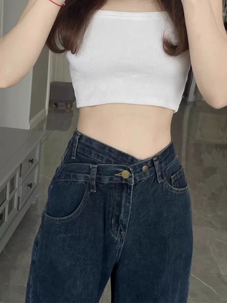 Quần jean ống thẳng dáng quả lê dành cho nữ, phong cách đầu thu, cỡ lớn, không bó sát chân, lưng cao, quần ống rộng giảm béo