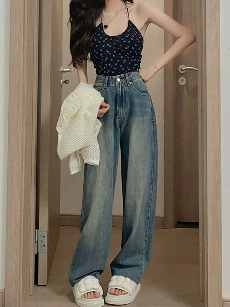 Quần jean ống thẳng dáng quả lê dành cho nữ, cỡ lớn, mặc đầu thu, lưng cao, dáng rộng, dáng suông, quần dài rộng, dài chạm sàn