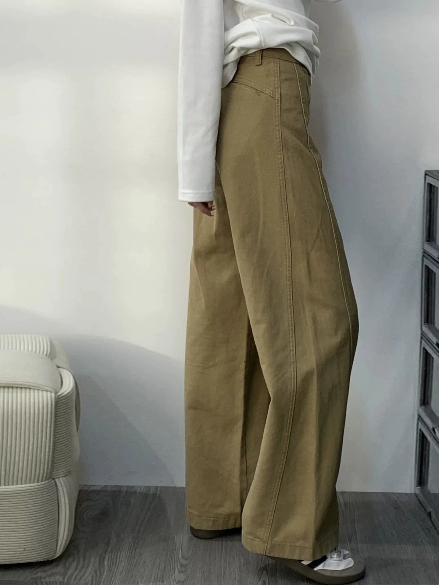 Quần kaki ống rộng cho nữ, mùa thu, cỡ lớn, lưng cao, dáng rộng, mềm mại, dáng nhỏ nhắn, quần denim ống thẳng