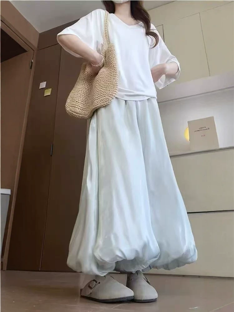 Quần suông nữ hè 2025 chất liệu mỏng, size lớn, plus size, cạp cao, dáng rộng, che hông, chất liệu mềm mại, tôn dáng, kiểu dáng hoa nụ, quần ống rộng, kiểu váy