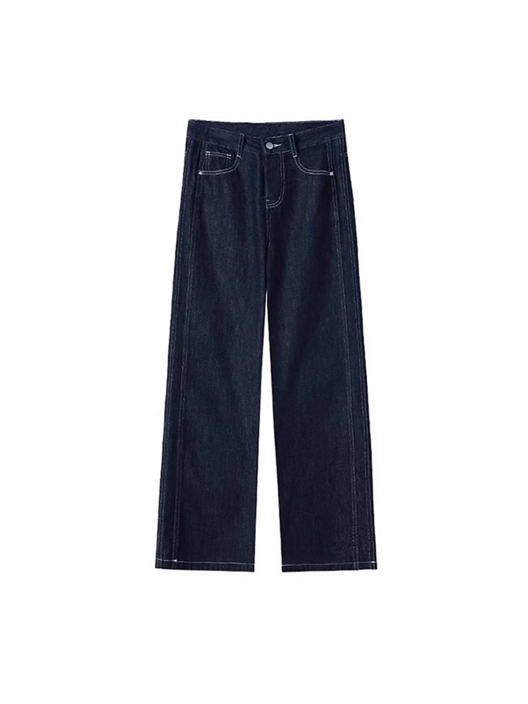 Quần jean ống thẳng màu xanh đậm dành cho nữ có thân hình quả lê, kiểu dáng mùa thu mới, cỡ lớn, lưng cao, dáng rộng, quần ống rộng giúp thon gọn.