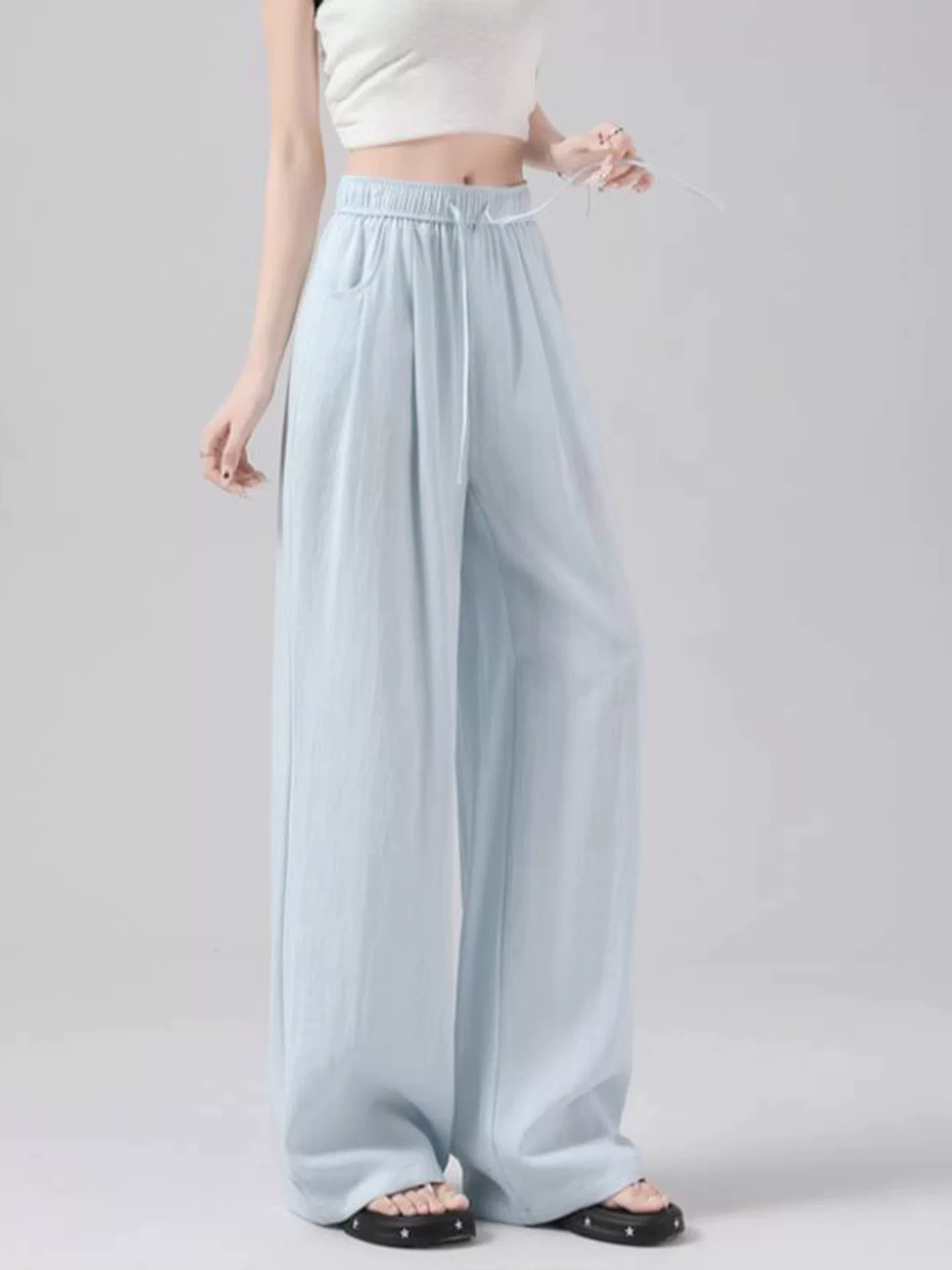 Quần ống rộng vải lanh màu xanh dành cho nữ, mùa hè, cỡ lớn, lưng cao, giảm béo, dáng suôn, dáng quả lê, quần cotton-linen thường ngày chất liệu Tencel