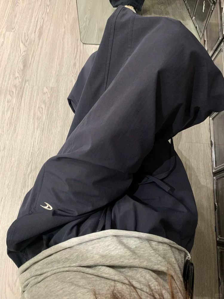 Quần cargo màu xanh hải quân dành cho nữ, mùa thu, cỡ lớn, lưng cao, dáng rộng, giảm béo, dáng quả lê, quần ống rộng thể thao thông thường