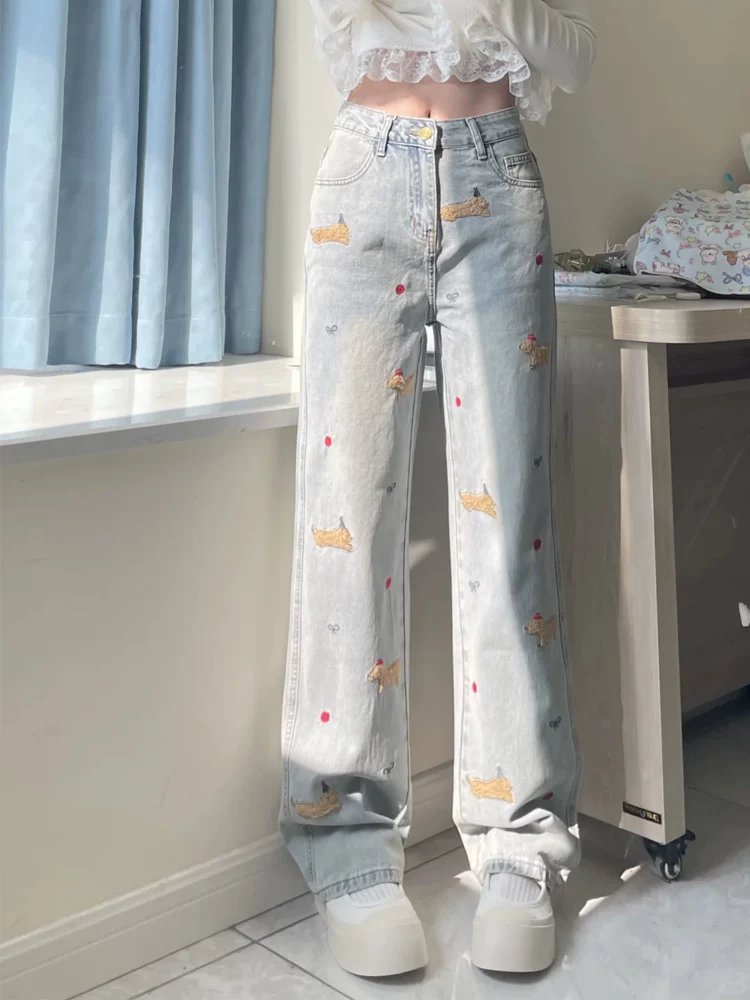 Quần jean ống đứng thêu hình chó dachshund dành cho nữ, mùa thu đông, lót lông cừu, dày, cỡ lớn, lưng cao, giảm béo, ống rộng, quần dài đến sàn