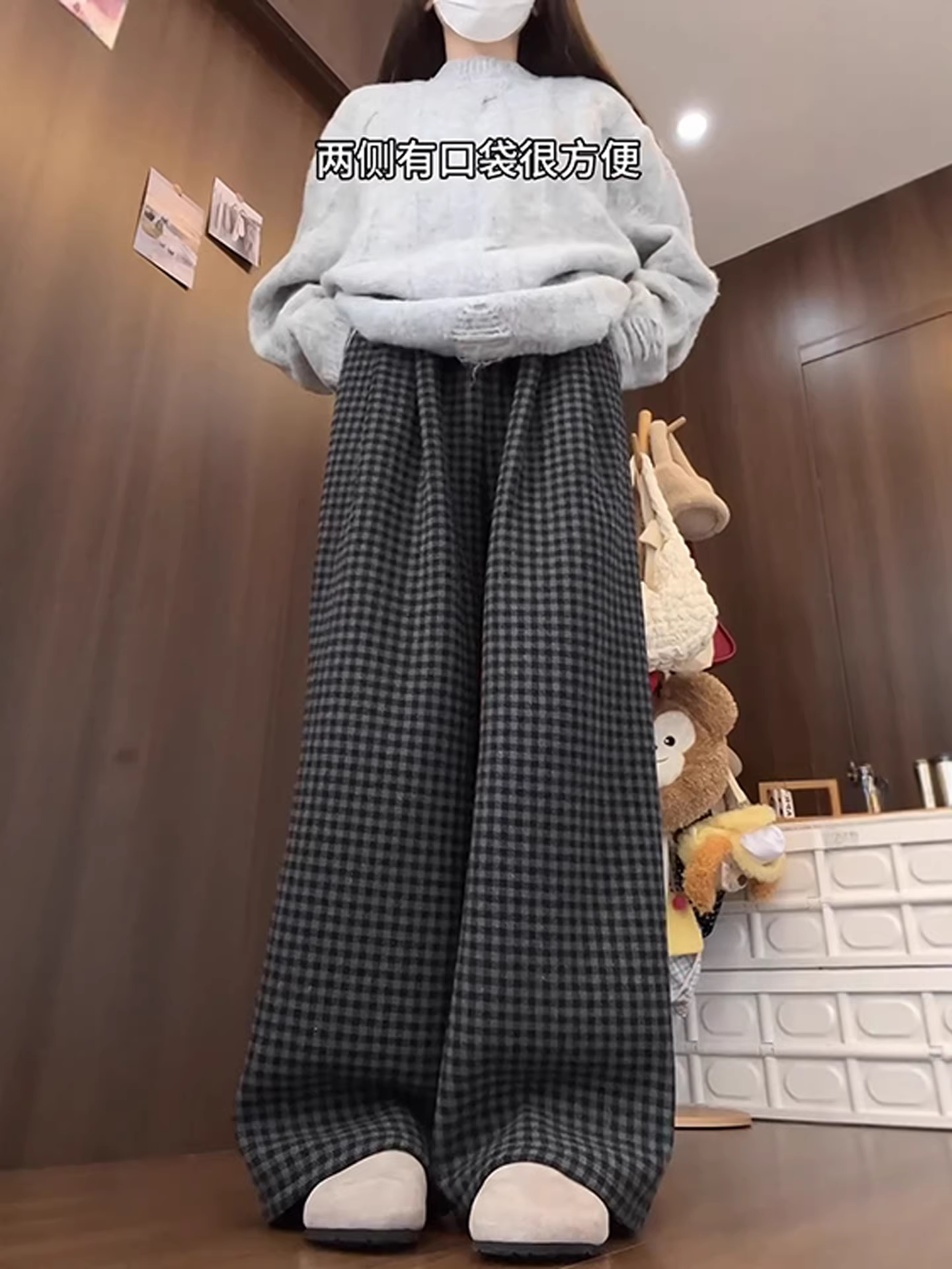 Quần ống rộng kẻ sọc dày lót lông cừu màu đen và xám dành cho nữ, cỡ lớn mùa đông, cạp cao, giảm béo, quần thường ngày kiểu dáng lười biếng.