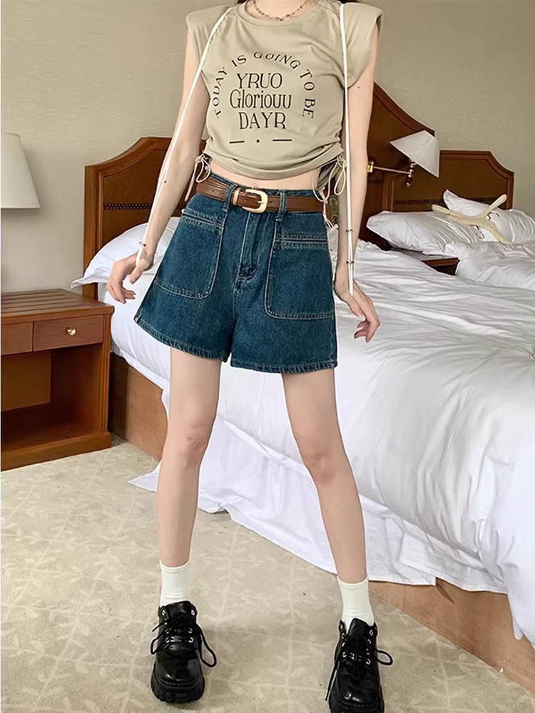 Quần short denim màu xanh retro dành cho nữ trong mùa hè, cỡ lớn, eo cao, dáng rộng, tôn dáng, dành cho người có thân hình quả lê, quần ống rộng dáng chữ A