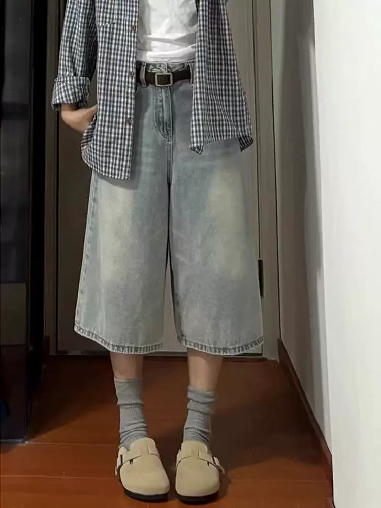 Quần jean nữ ngắn mùa hè, cỡ lớn, lưng cao, dáng rộng, tôn dáng, quần ống rộng, dáng quả lê, quần ống thẳng