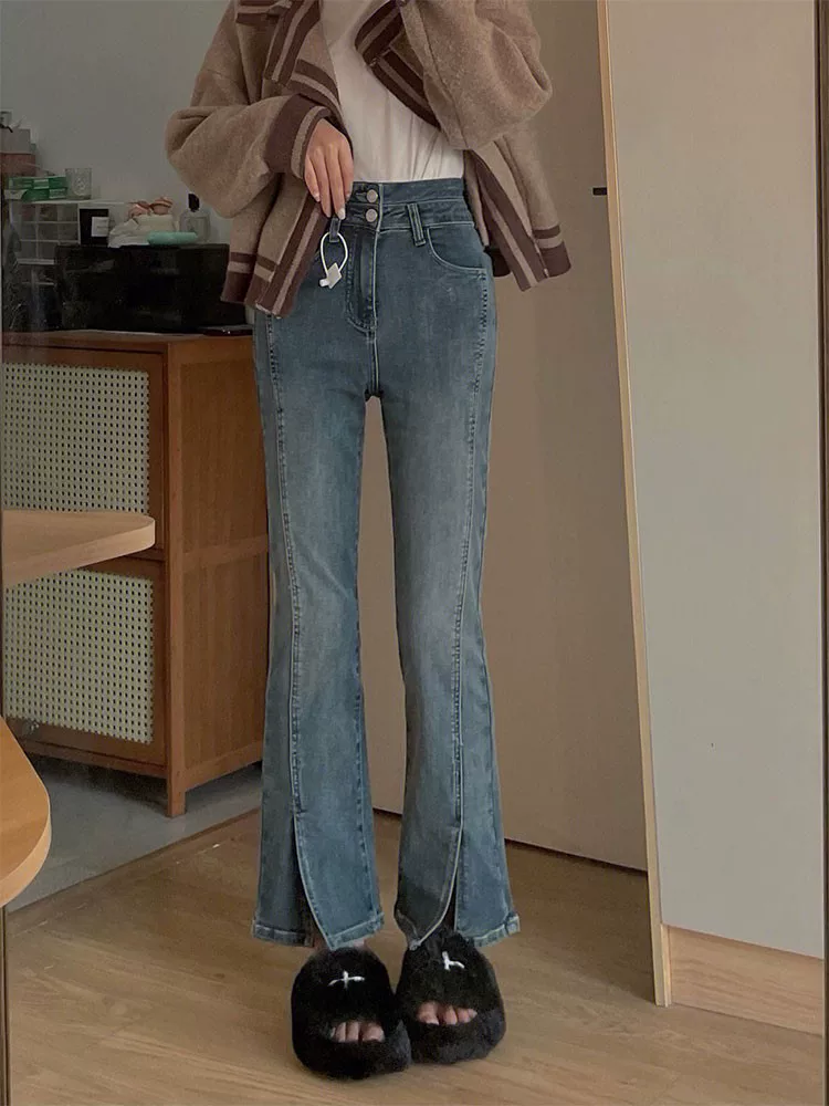 Quần jean xẻ tà hình quả lê dành cho nữ, phong cách đầu thu, cỡ lớn, lưng cao, giảm béo, co giãn, quần ống đứng.