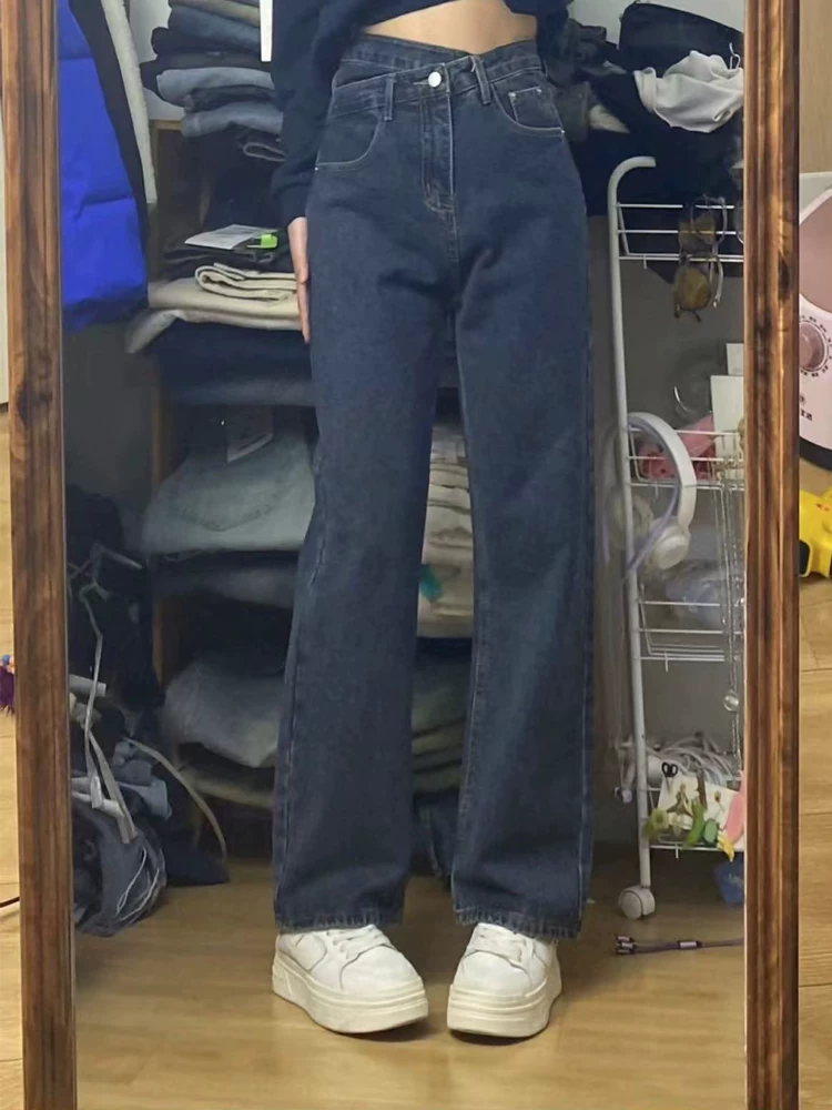 Quần jean ống đứng dáng quả lê dành cho nữ, phong cách đầu xuân, cỡ lớn, lưng cao, che hông, quần ống rộng giảm béo