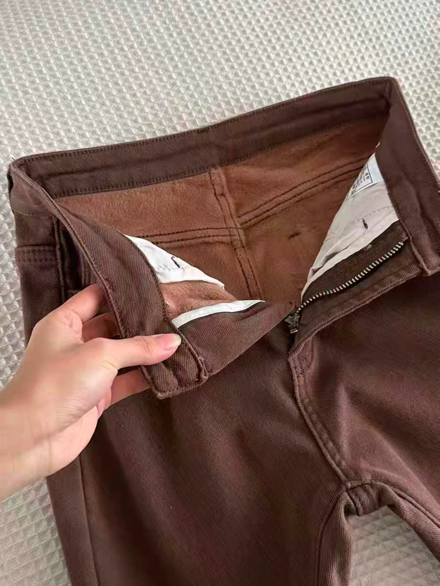 Quần jean ống loe dày lót lông màu cà phê Melard dành cho nữ, mùa thu đông, cỡ lớn, cạp cao, giảm béo, quần ống loe co giãn.