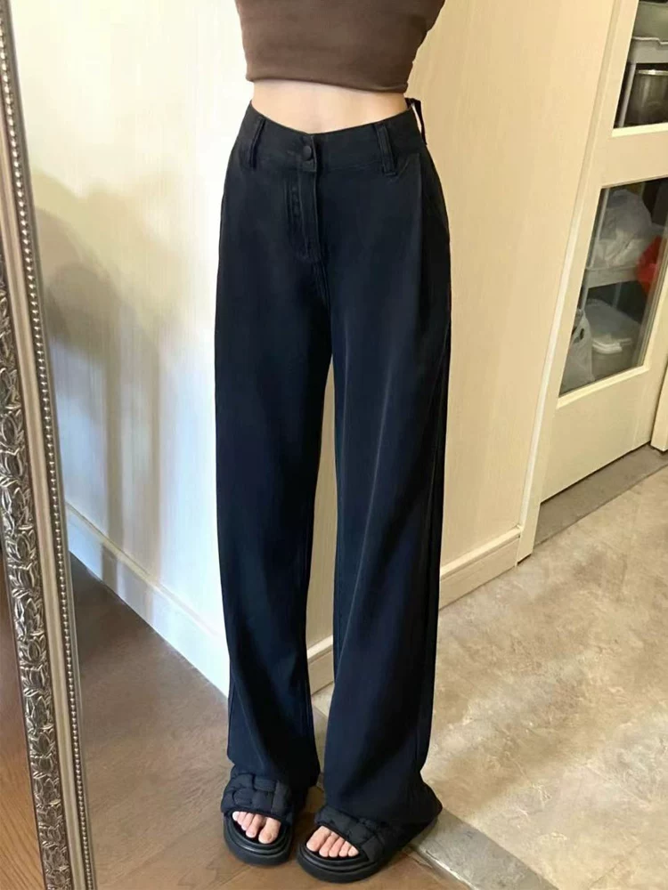 Quần jean ống đứng Tencel màu đen dành cho nữ, kiểu dáng mỏng mùa hè, cỡ lớn, lưng cao, dáng rộng, mềm mại, tôn dáng, quần ống rộng bằng vải lụa đá.