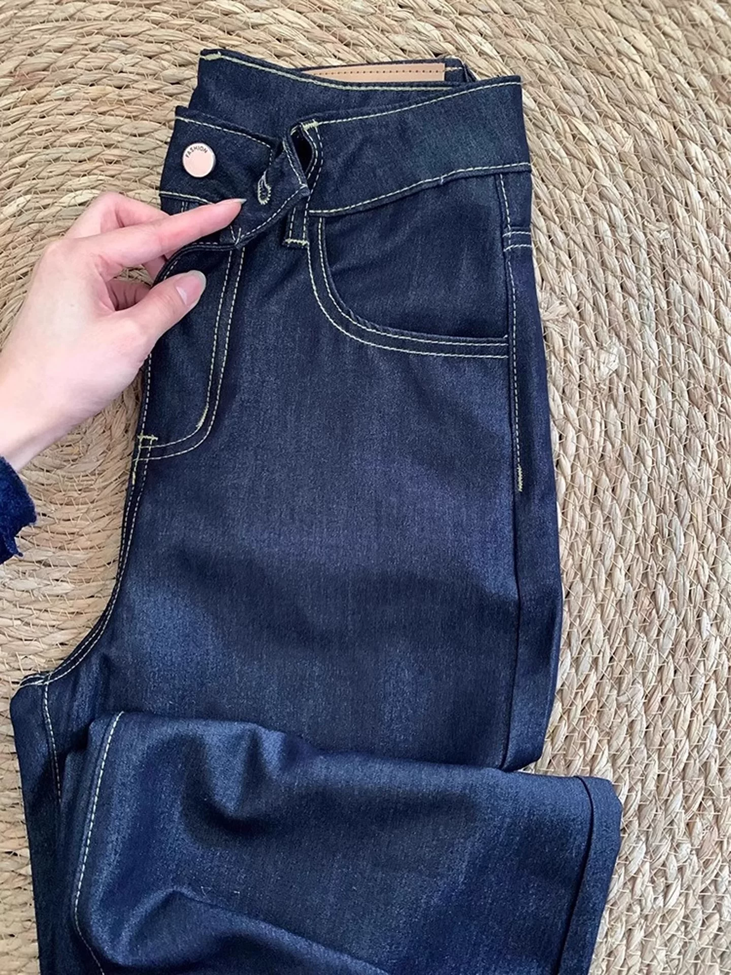 Quần jean ống thẳng màu xanh denim dành cho nữ, kiểu dáng mỏng mùa hè, cỡ lớn, lưng cao, tôn dáng, quần ống rộng bằng vải lụa băng mềm mại.