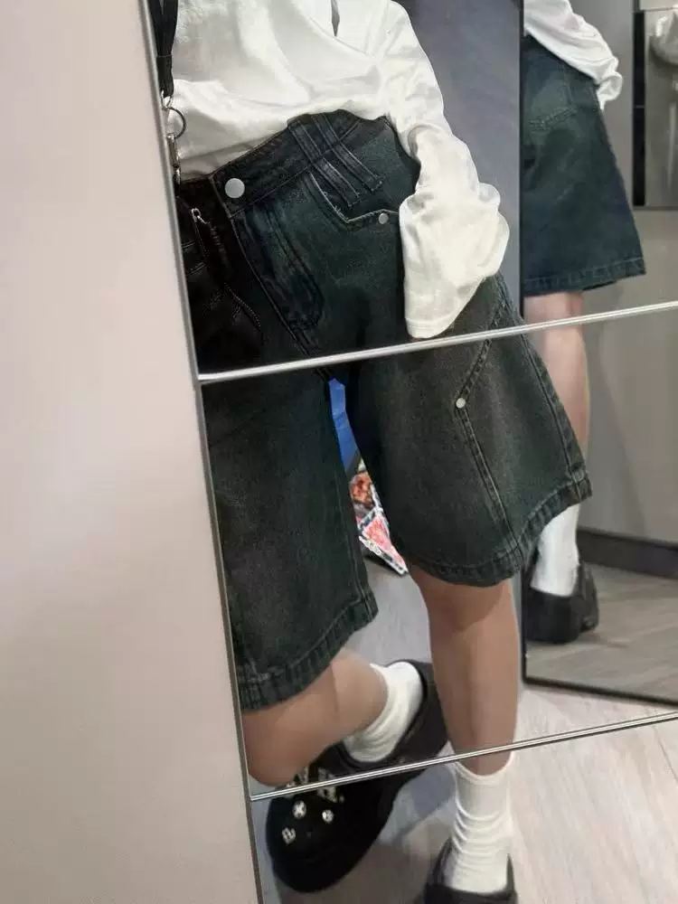 Quần short denim cổ điển kiểu Mỹ dành cho nữ, cỡ lớn mùa hè, lưng cao, dáng rộng, thon gọn, dáng quả lê, quần short dài vừa phải ống rộng