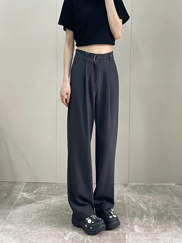 Quần âu màu xám nữ xuân 2025, size lớn, cạp cao, dáng rộng, tôn dáng, dành cho người có thân hình quả lê, phong cách thường ngày