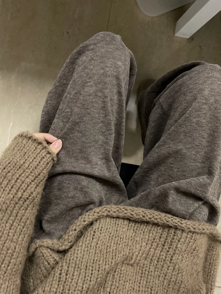 Quần gạo nếp màu cà phê Melard dành cho nữ, lót lông cừu mùa đông, cỡ lớn, lưng cao, che hông, dáng suôn, tôn dáng, quần ống rộng.