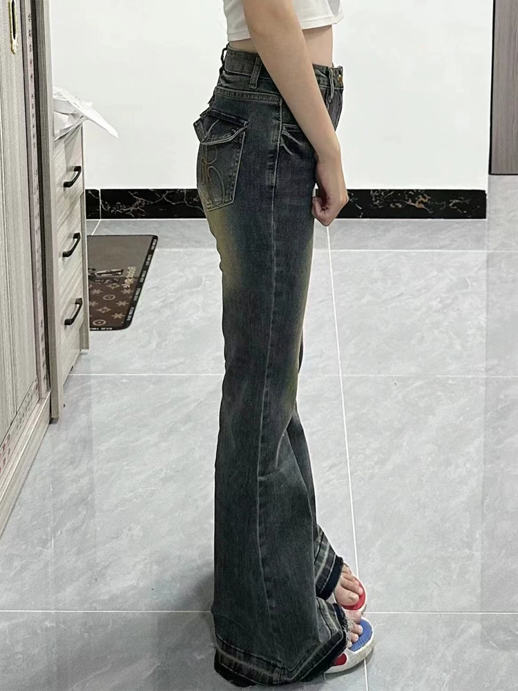 Quần jean dáng loe kiểu Mỹ cổ điển dành cho nữ, size lớn mùa thu, kiểu dáng thời trang, cạp cao, che hông, quần ống chuông tôn dáng.