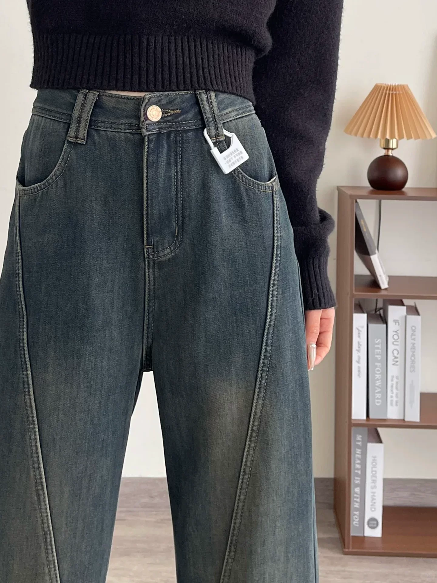 Quần jean ống đứng màu xám đất cổ điển dành cho nữ, phong cách mùa thu, cỡ lớn, lưng cao, dáng rộng, dáng thon gọn, ống rộng hẹp, quần dài đến sàn