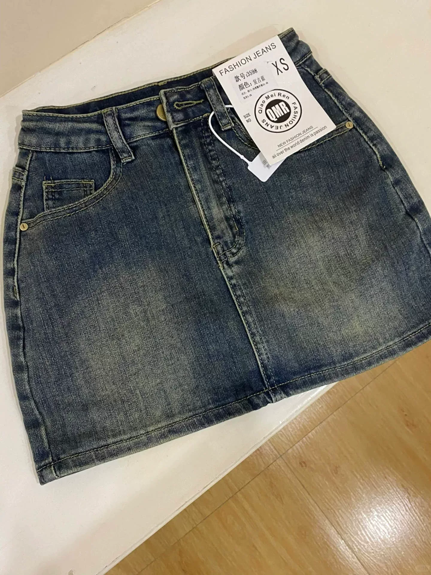 Váy ngắn denim cổ điển kiểu Mỹ dành cho nữ, cỡ lớn mùa hè, lưng cao, co giãn, váy chữ A thon gọn, chống lộ, váy ôm hông.
