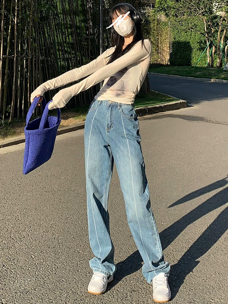 Quần jean nữ cỡ lớn mùa xuân 2022 phong cách Hàn Quốc thiết kế cỡ lớn có đường khâu quần ống rộng dài đến sàn giúp thon gọn eo cao