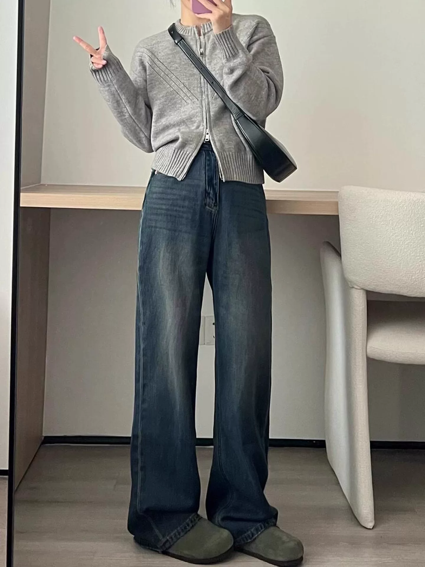 Quần jean ống đứng màu xanh cổ điển dành cho nữ, cỡ lớn, mùa thu đông, lót lông cừu, lưng cao, dáng rộng, giảm béo, dáng quả lê, quần ống rộng