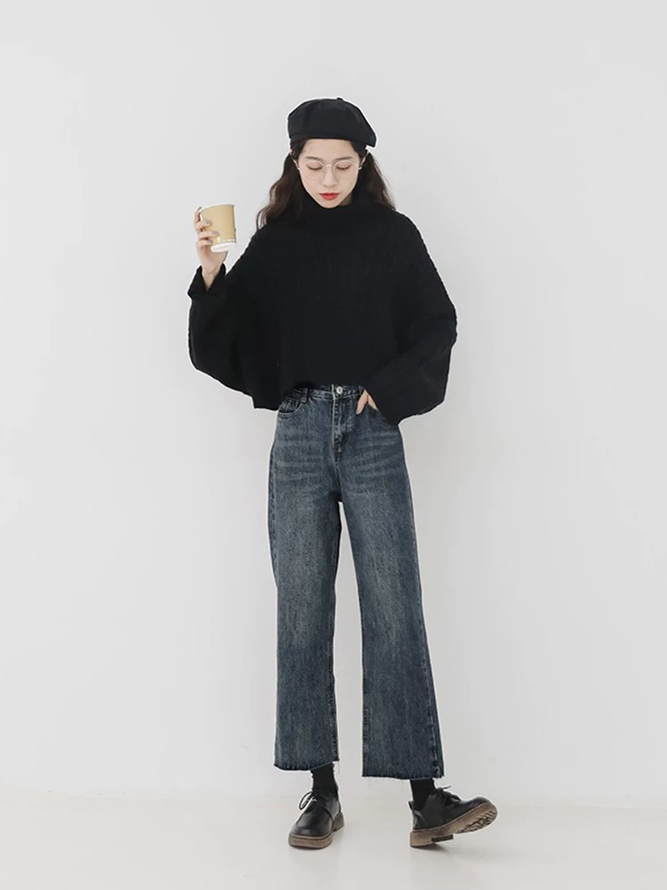 Quần jean ống đứng dáng lê dành cho nữ, đầu thu, cỡ lớn, nhỏ nhắn, lưng cao, dáng rộng, tôn dáng, quần ống lửng