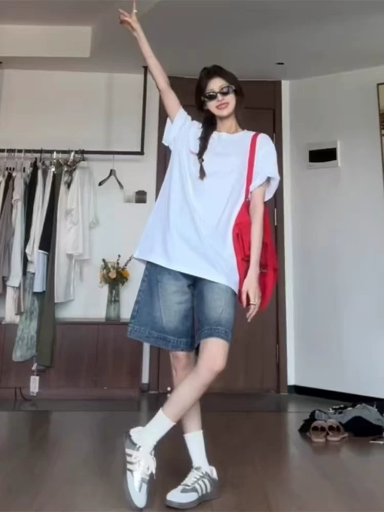 Quần short denim cổ điển kiểu Mỹ dành cho nữ, cỡ lớn mùa hè, lưng cao, dáng rộng, thon gọn, ống thẳng, quần dài vừa phải ống rộng