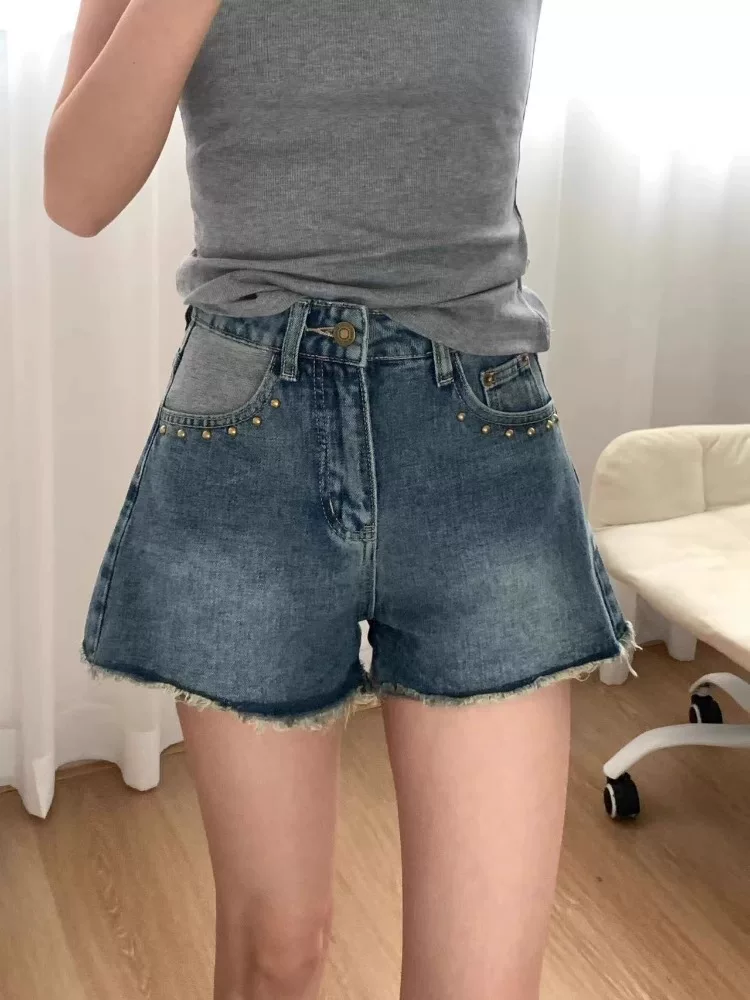 Quần short denim cổ điển dành cho nữ, cỡ lớn mùa hè, kiểu dáng thời trang, cạp cao, che hông, quần ống rộng dáng chữ A, rách, tôn dáng