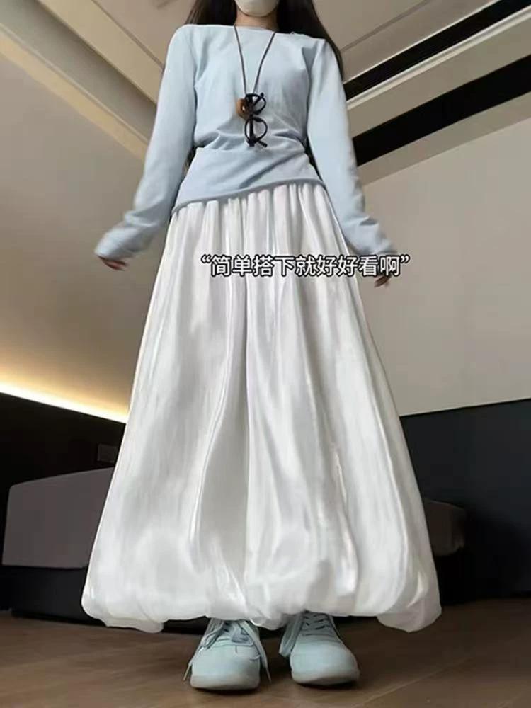 Váy lửng satin trắng cho nữ, size lớn mùa hè, cạp cao, dáng rộng, tôn dáng, dành cho người có thân hình quả lê, quần kiểu đèn lồng, mặc thường ngày