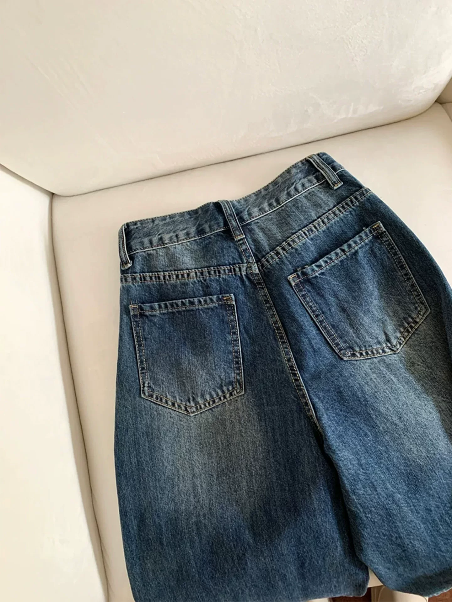 Quần jean xanh đậm dành cho nữ, cỡ lớn mùa hè, cạp cao, dáng rộng, tôn dáng, quần ống rộng dài vừa phải.